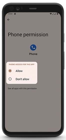 Androidskärm där en app ber om tillåtelse att använda telefonen